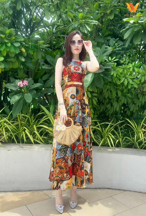 Đầm Maxi Thổ Cẩm Cổ Yếm, Maxi Đi Biển Sang Trọng, Maxi Lụa Mango Cao Cấp