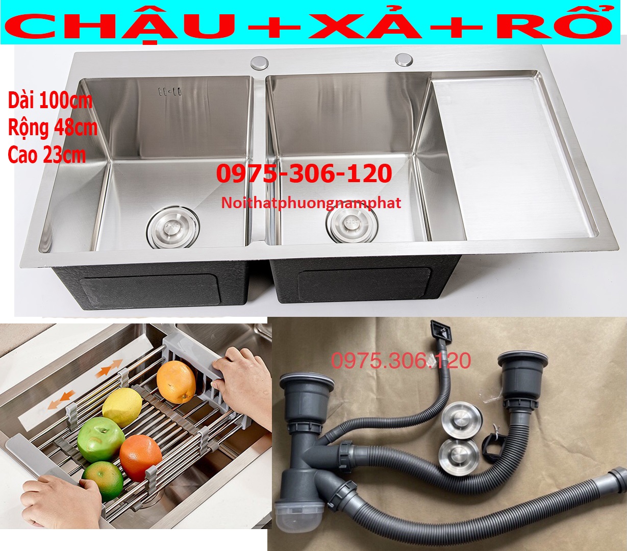 CHẬU ĐÚC INOX DÀY Chậu Rửa Chén Bát INOX SUS 304 N1 10048 NA.GRAND và Bộ Xả Chậu thoát nước và Rổ rút đa năng đựng trái cây bồn rửa chén inox