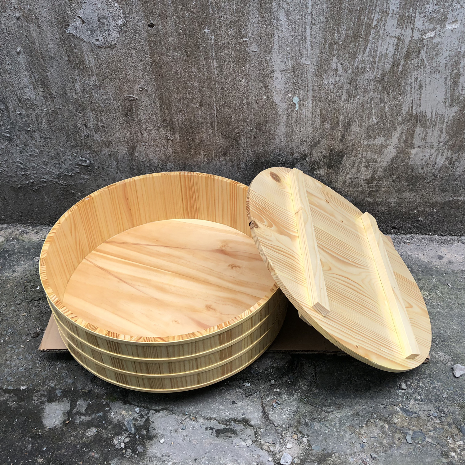 Khay thố gỗ đánh cơm sushi _ thố gỗ trang trí sashimi φ 40cm - cao 15cm + nắp gỗ - gỗ thông nhập khẩu