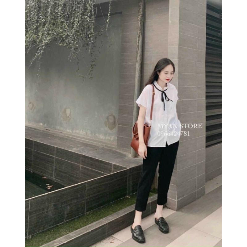 Áo sơ mi trắng cộc nơ nhỏ nữ sinh cá tính