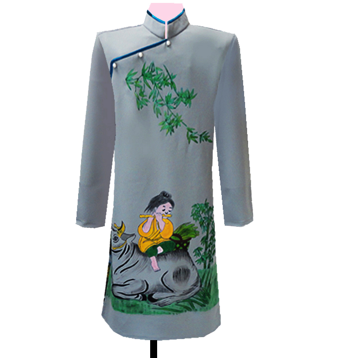 ÁO DÀI NAM XÁM VẼ ĐỒNG QUÊ (tặng kèm khẩu trang vải cùng loại)