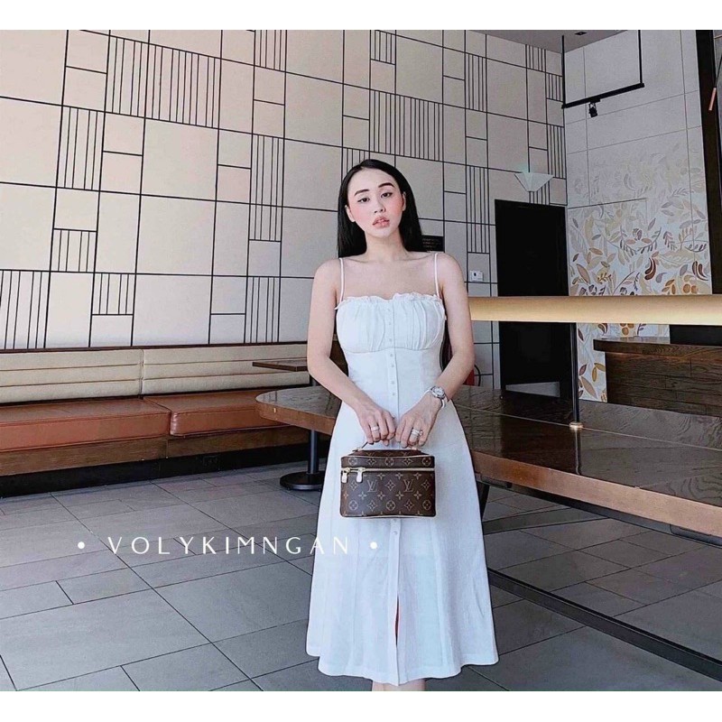 Đầm 2 dây nút bọc 2 màu