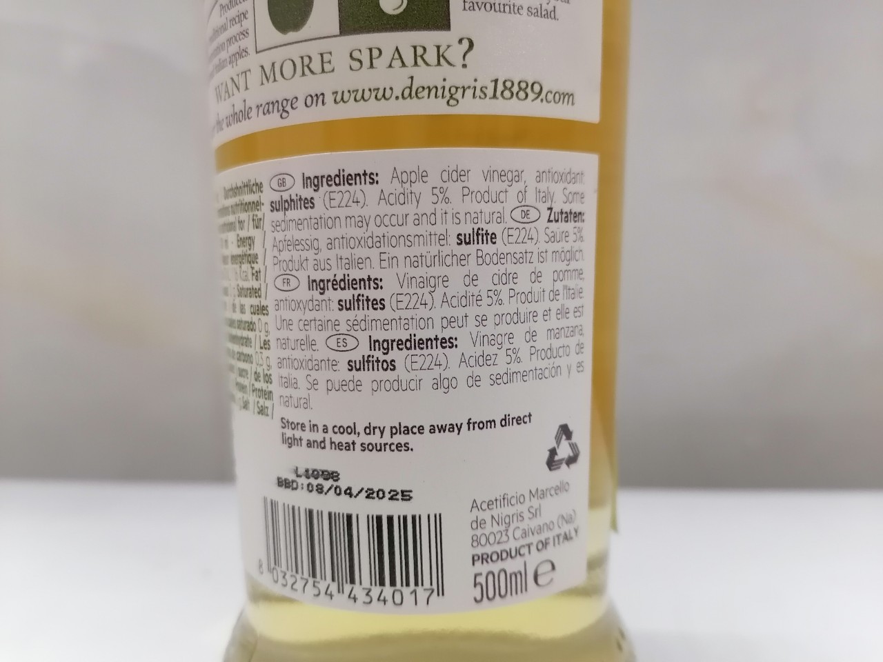[500ml] GIẤM TÁO [Italia] DE NIGRIS Apple Cider Vinegar (cff-hk)
