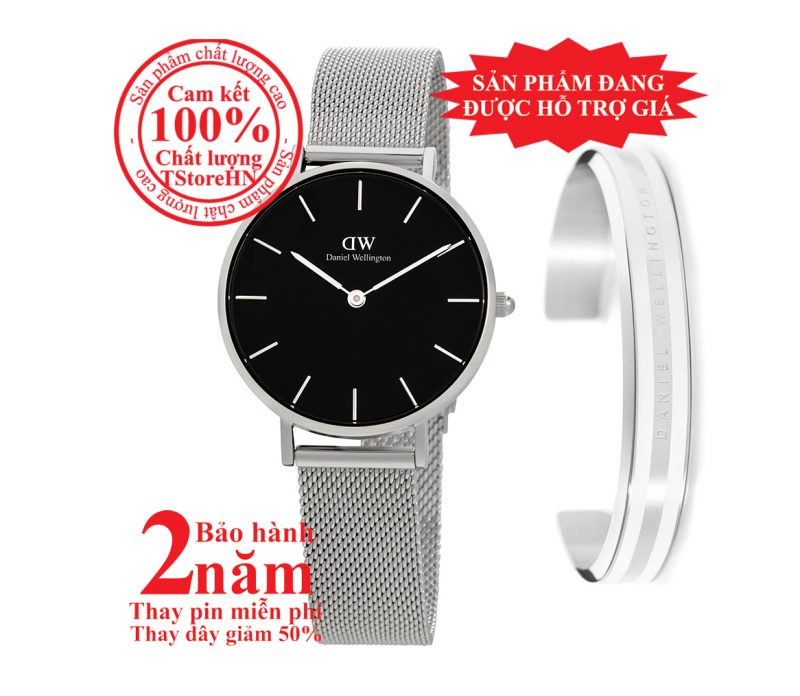 [NEW] Hộp quà đồng hồ nữ Daniel Wellington Classic Petite Sterling 32mm (Mặt Đen) + Vòng tay DW Bracelet - màu bạc (Silver)- DW00500232