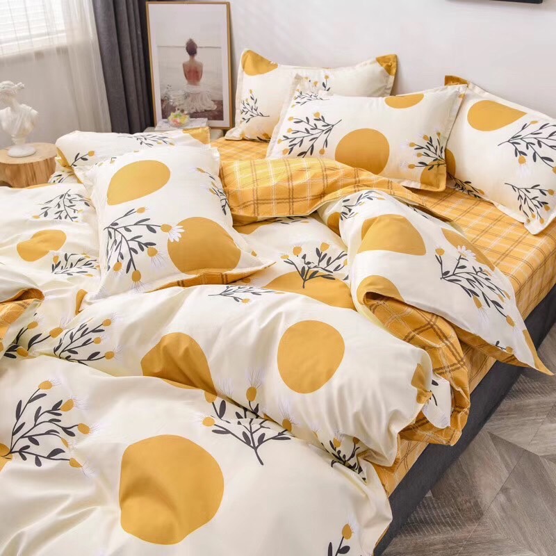 Bộ chăn ga gối phong cách Hàn Quốc hoa vàng vintage bo chun đủ kích thước