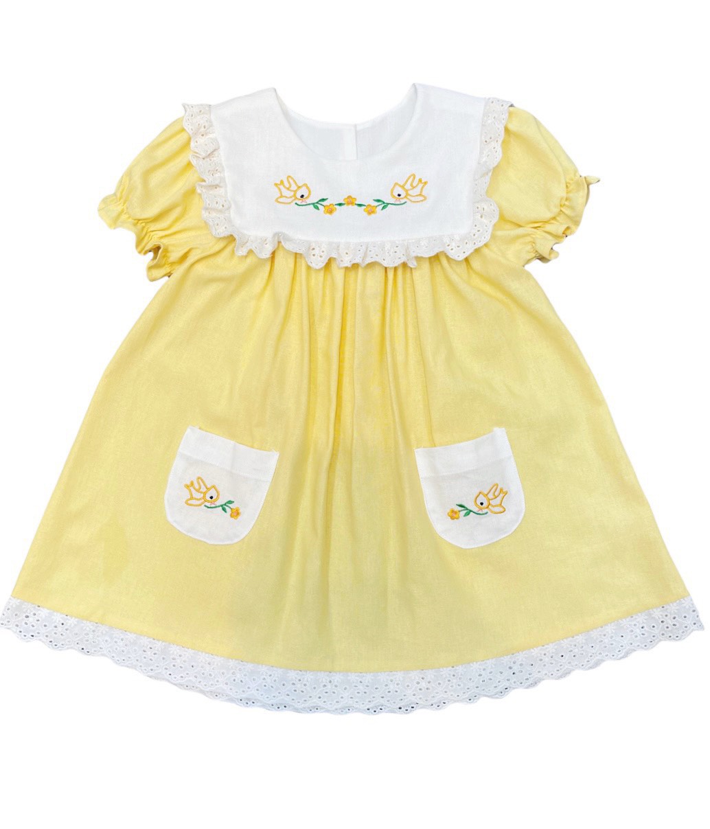Váy linen đũi hàn màu vàng thêu tỉ mỉ cho bé gái - hàng có sẵn - siêu đẹp