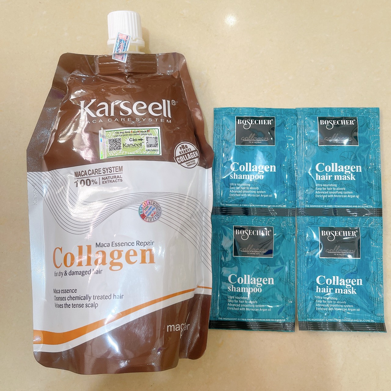 [+Tặng mũ trùm][HCM]Kem ủ tóc Collagen Karseell Maca dạng túi