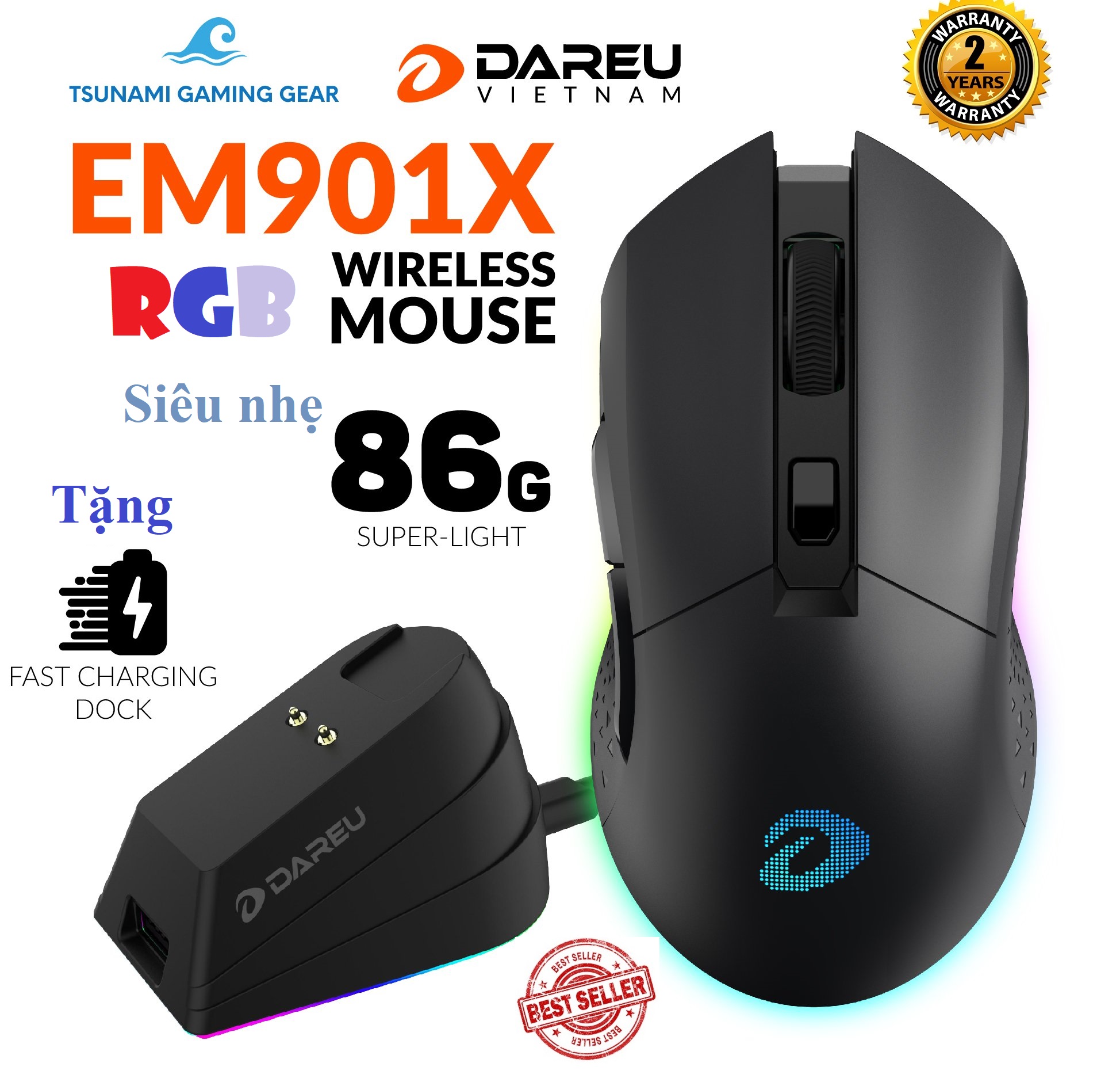 Chuột không dây Gaming DAREU EM901X RGB - SUPERLIGHT siêu nhẹ