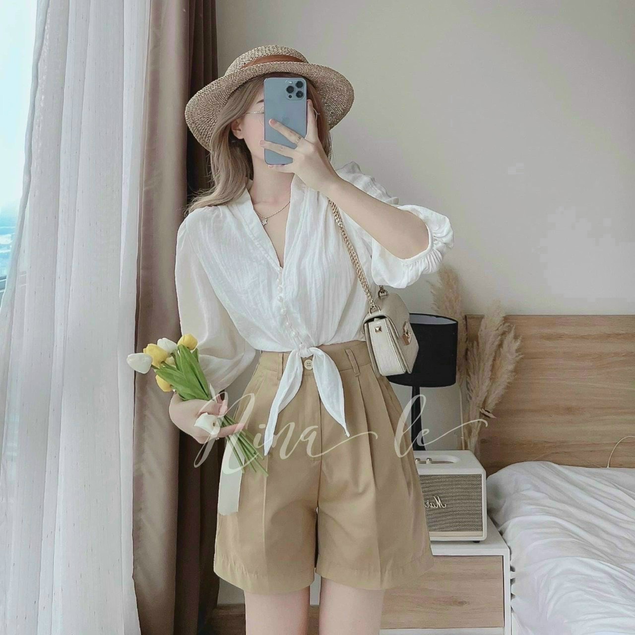 Sét bộ đồ nữ áo sơ mi cột eo phối quần đùi dễ thương, sét sơ mi cột eo áo đính cườm siêu sang, sét sơ mi cá tính