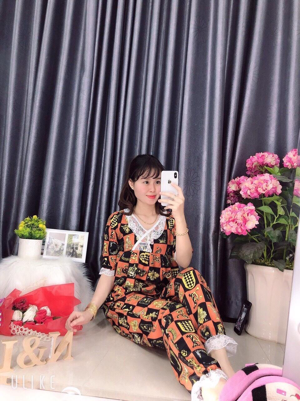 [HCM]Set Đồ Bộ Nữ  Tay Ngắn Quần Dài Phi Lụa Phối Ren trắng Siêu Sang