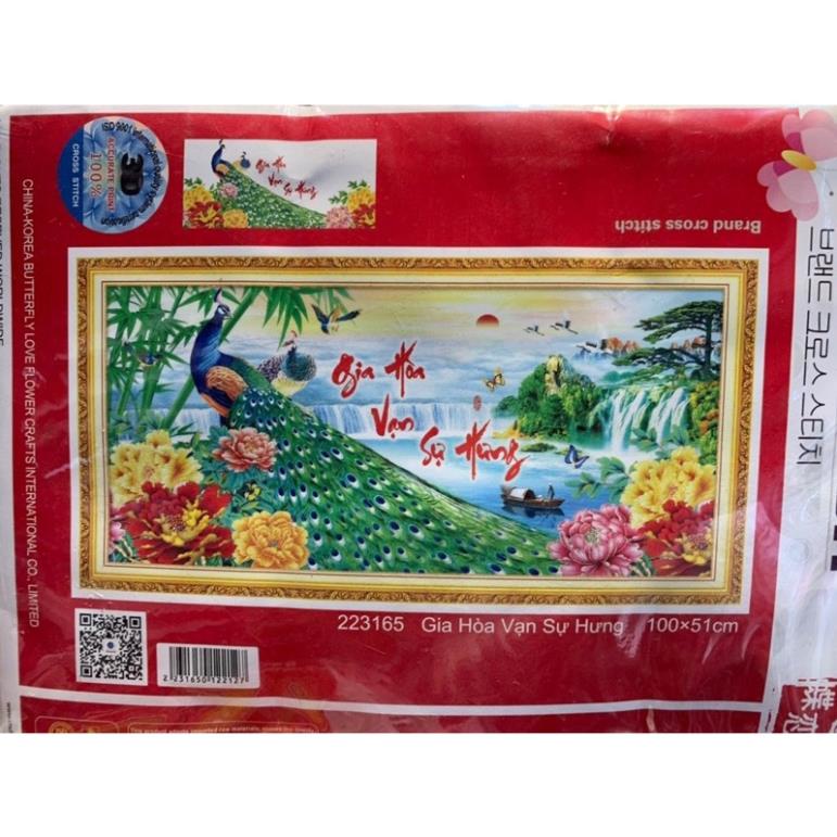 [HCM]Tranh thêu chữ thập gia hòa vạn sự hưng công xanh 223165 - kích thước 100 * 51