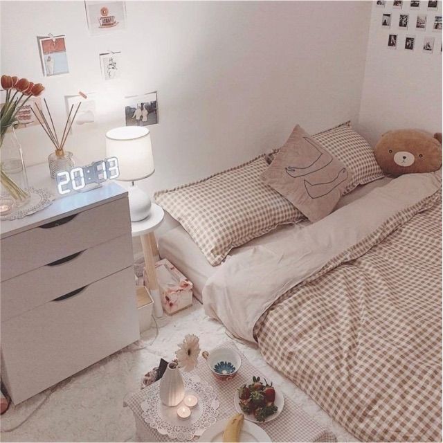 Bộ Chăn Ga Gối Cotton Poly Caro Nâu Be