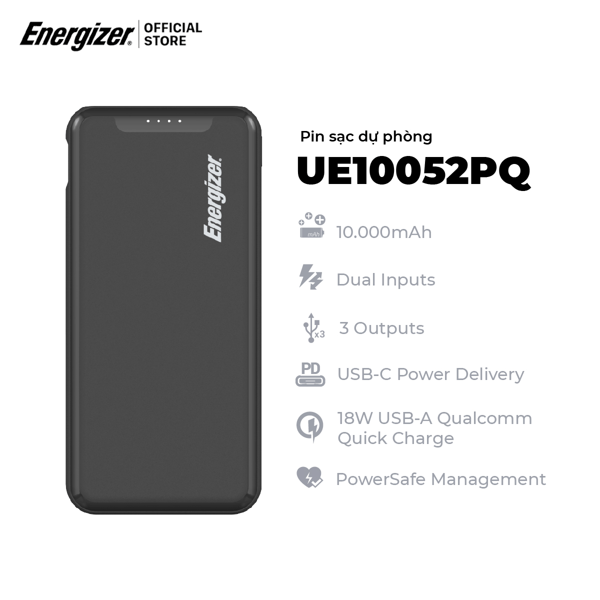 Sạc dự phòng Energizer 10000mAh UE10052PQ - 3 cổng sạc tiện lợi, tích hợp sạc nhanh 2 chiều - Hàng chính hãng, bảo hành 2 năm 1 đổi 1