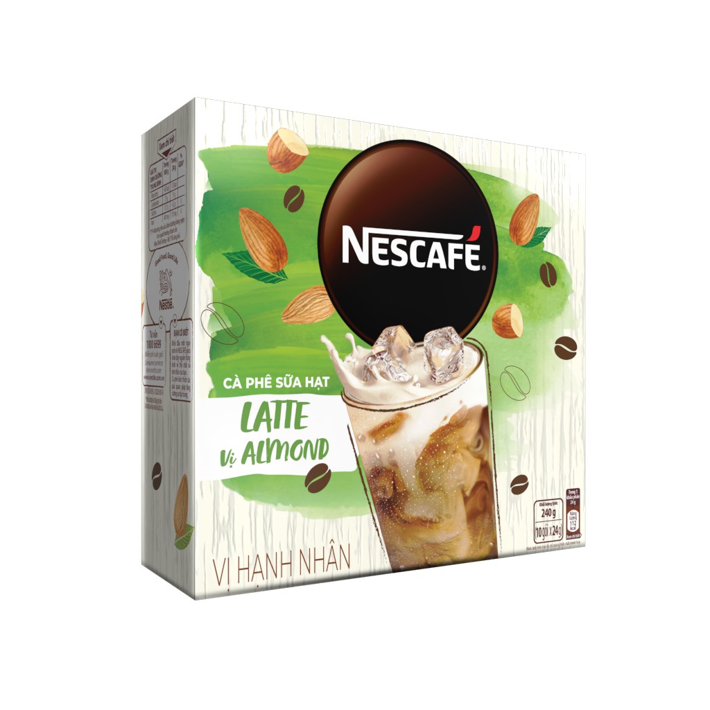 (HẠNH NHÂN) Date Cà phê hòa tan Nescafé Latte sữa hạt vị hạnh nhân (Hộp 10 gói x 24g)
