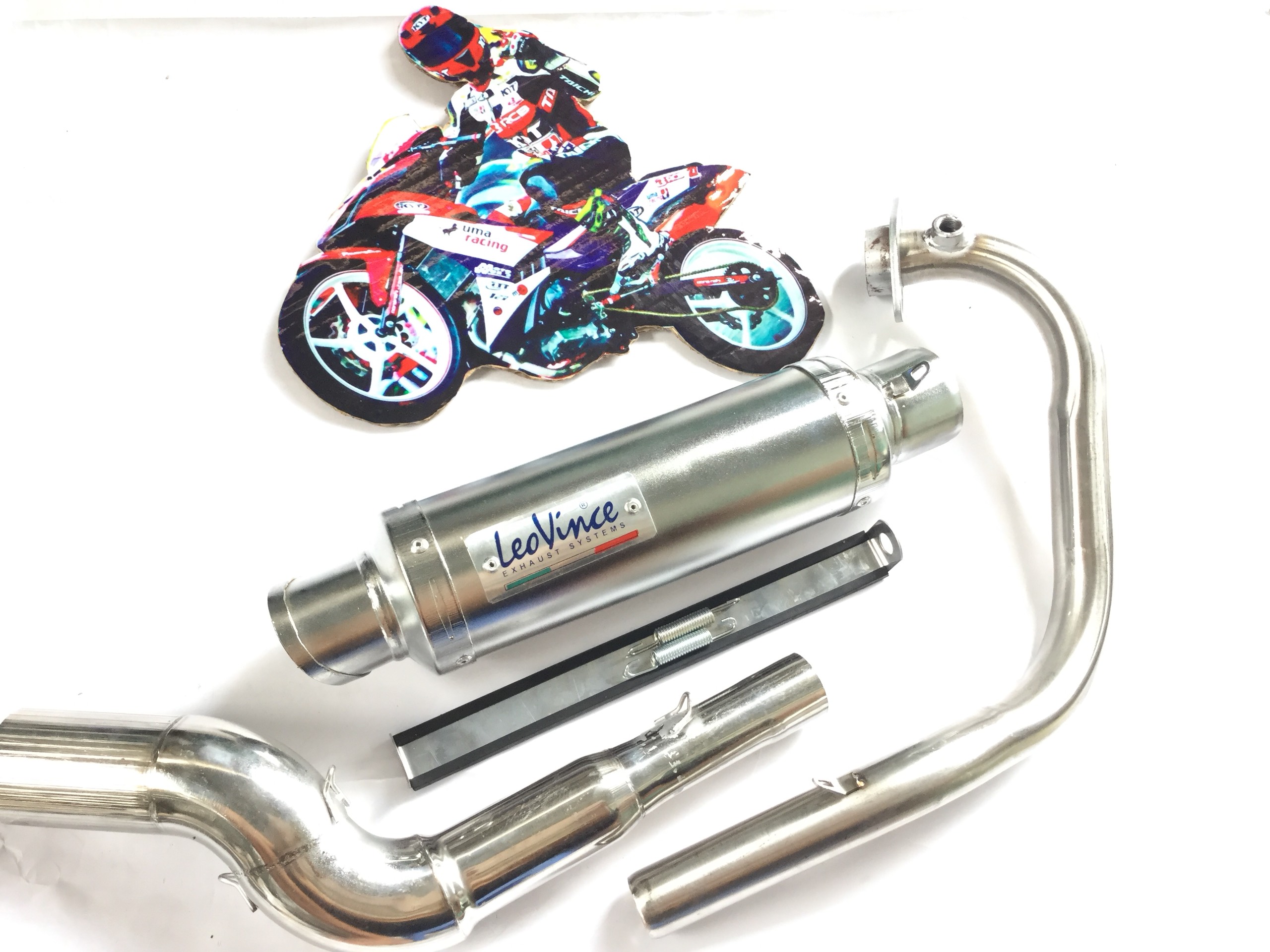 Pô leovince trắng - cổ 2 khúc cong inox satria + gsx + raider fi ....,,,,.,.,.,