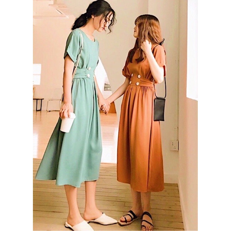 Đầm 4 nút trắng thắt eo (kèm hình thật)