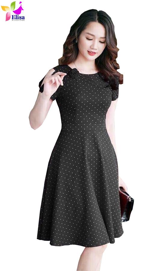 Đầm váy  –  Đầm xoè chấm bi hoa mí cổ DVCC86 cao cấp