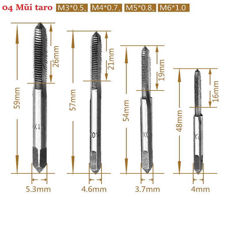 [ BỘ 9 MÓN] TAY QUAY ĐẦU KẸP KÈM 4 MŨI TARO M3-M6 VÀ 4 MŨI KHOAN NHỎ 2.5mm-5.0mm - TH 423