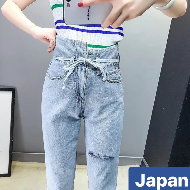 QUẦN BAGGY JEAN NỮ CHẤT BÒ XANH THẮT NƠ RÁCH GỐI HÈ THU NHẬT BẢN LƯNG CAO NÂNG MÔNG NHẬT BẢN JP-050 JAPAN FASHION