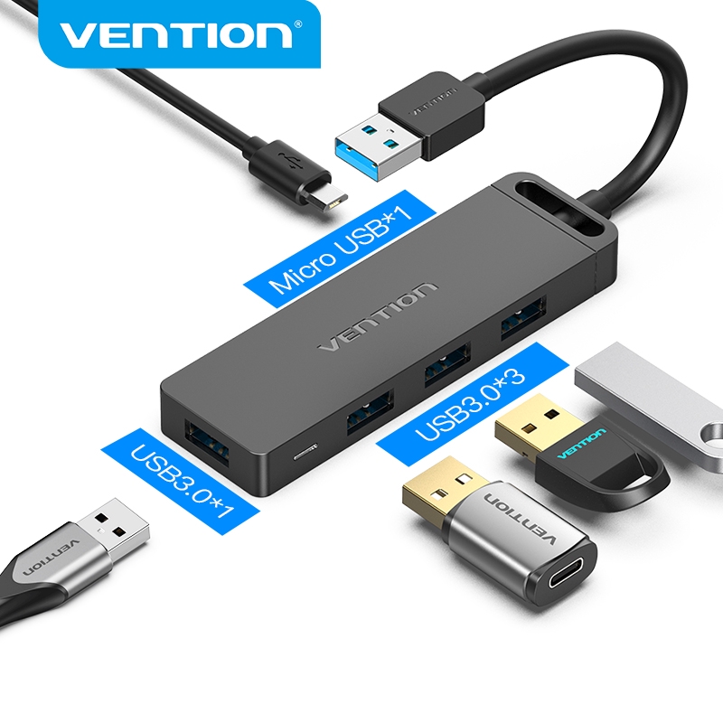 Hub Usb 3.0 Bộ chia 4 cổng USB 3.0 5Gbps tốc độ cao - HUB USB có nguồn phụ Micro USB hỗ trợ sạc điện thoại PC Máy tính, Laptop, Macbook chính hãng Vention CHLBB