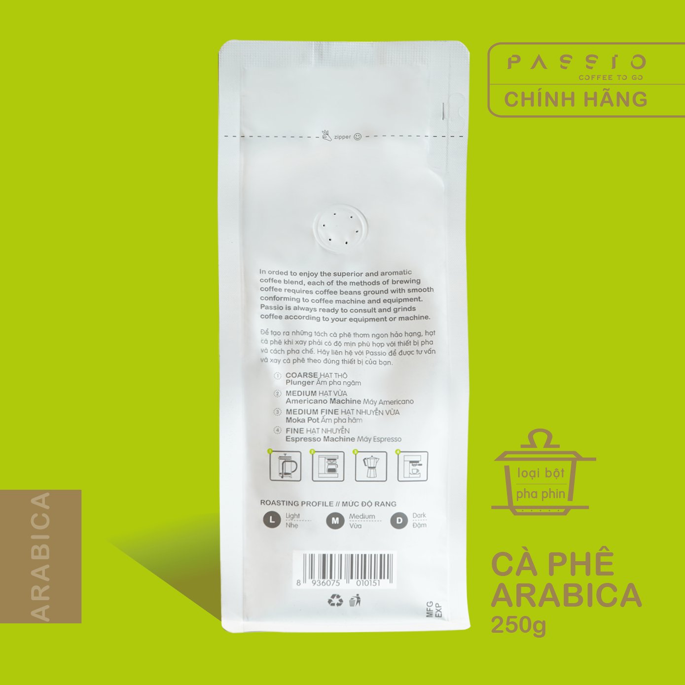 Cà phê Arabica dạng Bột (pha phin) nguyên chất 100% rang mộc - Passio Coffee (250g)