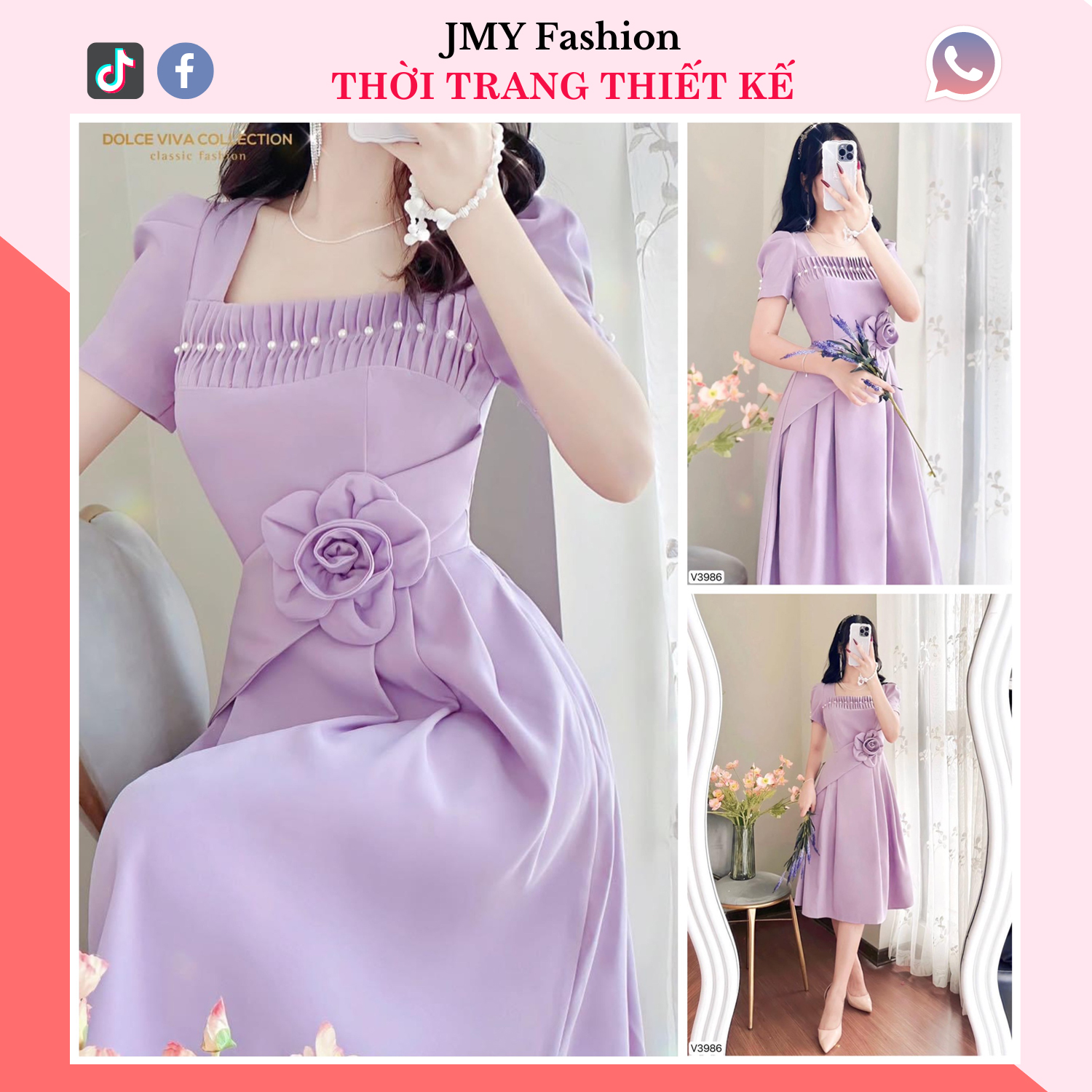 V3986 Váy tím xoè kết hoa eo bản to sang chảnh váy tím cổ vuông đính ngọc nữ tính