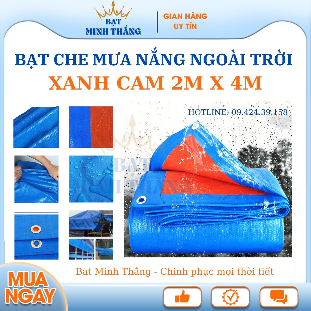 Bạt che mái hiên chống mưa nắng 2Mx4M, Bạt xanh cam có khuyết viền dày 170gr, chống nước tuyệt đối, che ngoài trời, trải lót ngồi picnic - Bạt Thắng Minh