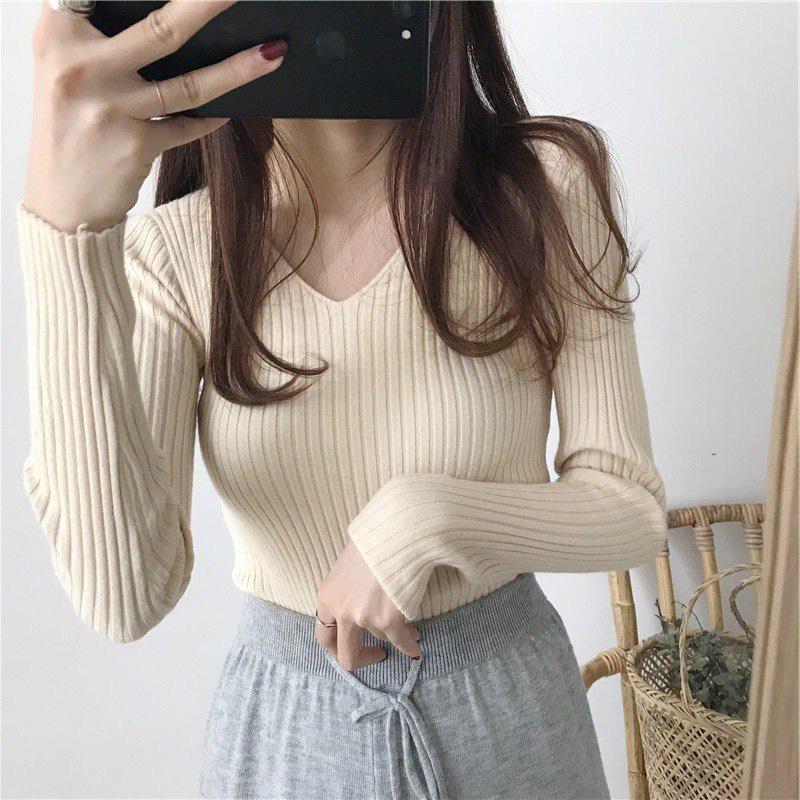 Áo len cổ tim hàng QC dáng ôm