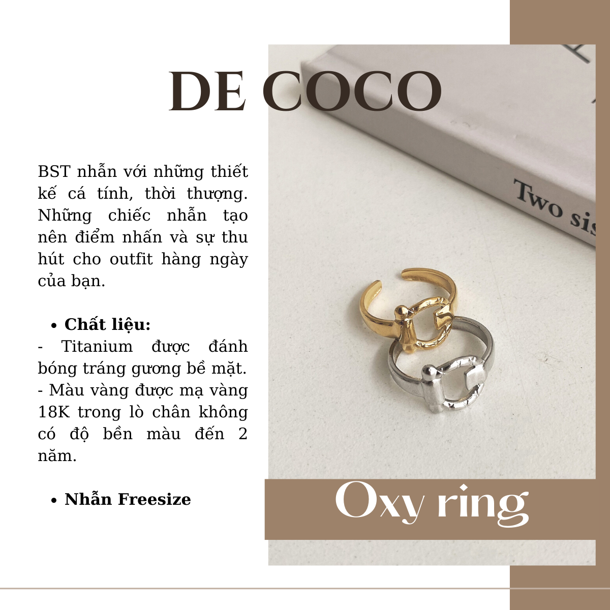 [KHÔNG ĐEN GỈ] Nhẫn titanitum Oxy De Coco