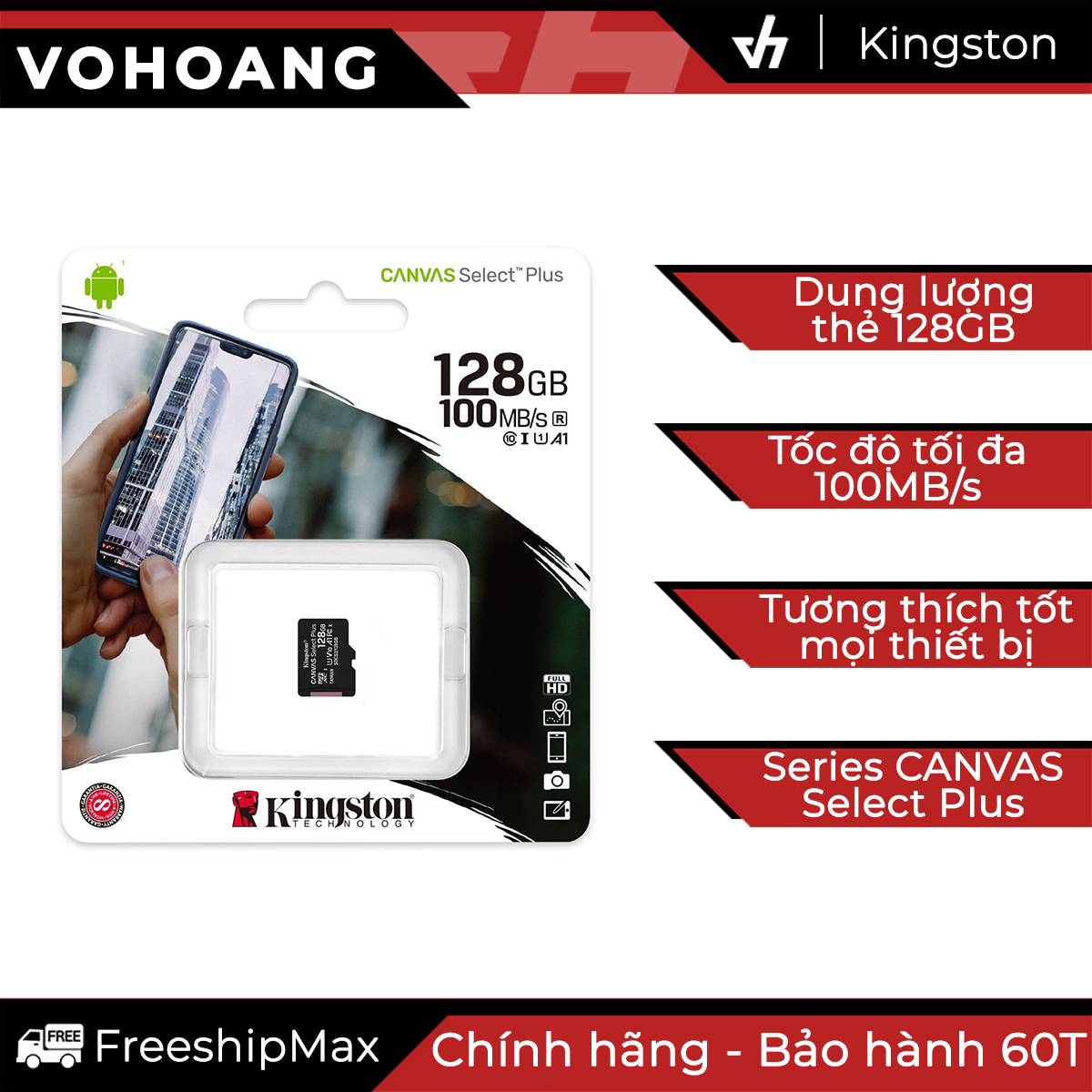 Thẻ nhớ kingston 128gb microsdhc canvas select 100r cl10 uhs-i