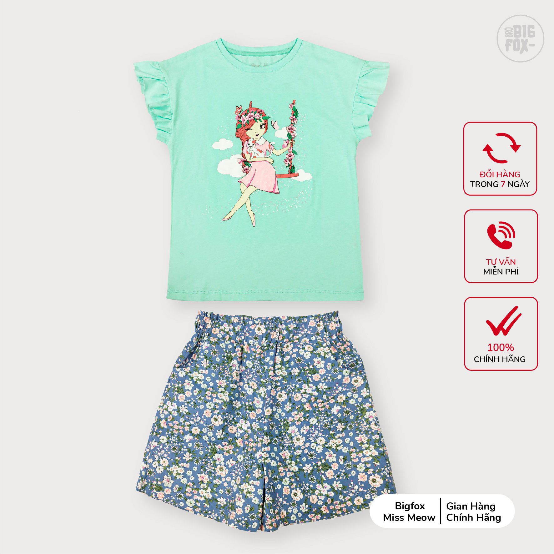 Bộ cộc tay bé gái size đại BIGFOX - MISS MEOW chất liệu cotton mềm mịn hình in cô gái và xích đu size trẻ em 3,4,5,6,7,8,9,10,11 tuổi 11-40kg