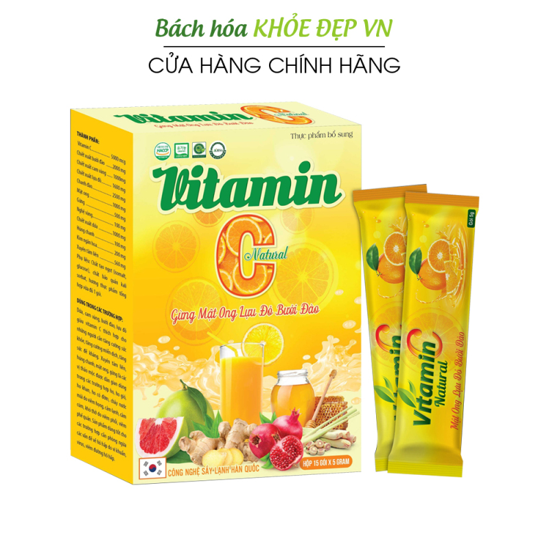 Bột Vitamin C Gừng Mật Ong Lựu Đỏ Bưởi Đào tăng sức đề kháng, giảm ho, viêm họng, cảm cúm, cảm lạnh - Hộp 15 gói cao cấp