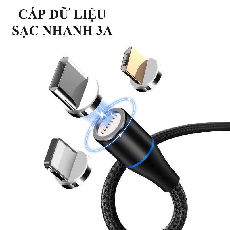 Cáp sạc nhanh nam châm 3 đầu xoay 360 độ có led cao cấp