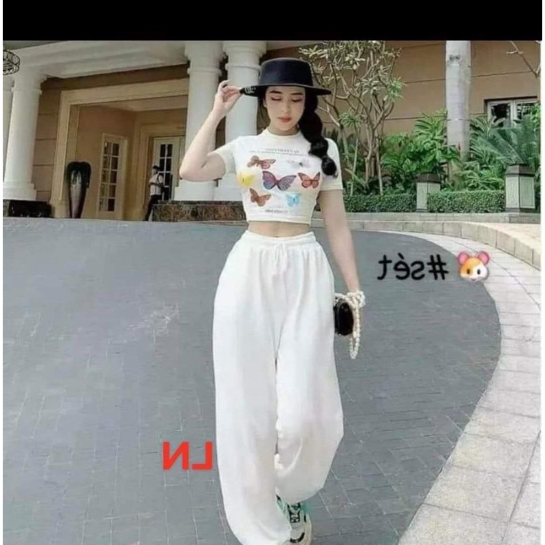 ( mẫu mới hothit) SÉT BỘ ÁO CROPTOP BƯỚM + QUẦN BOM SIÊU KUTE
