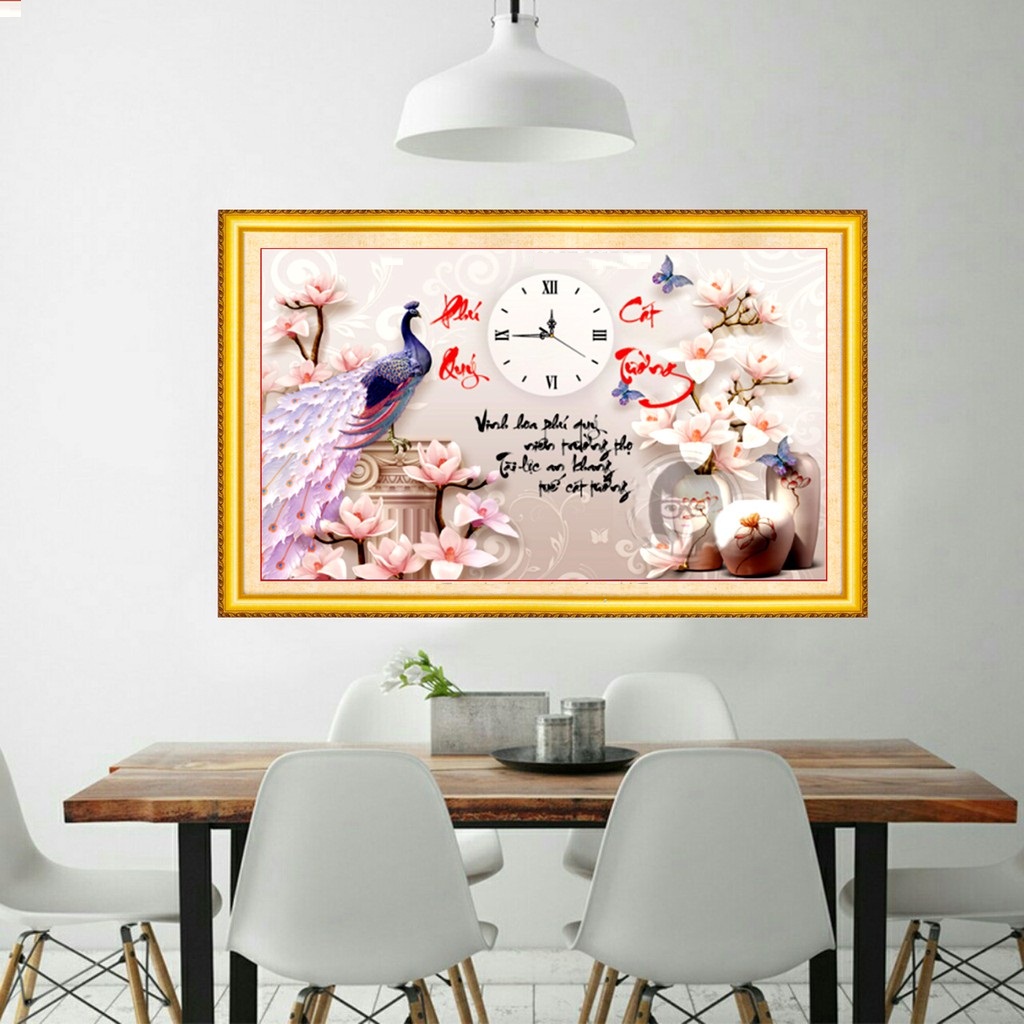 Tranh thêu chữ thập Phú Quý Cát Tường (Đồng hồ) (kích thước nhỏ 76x49cm)