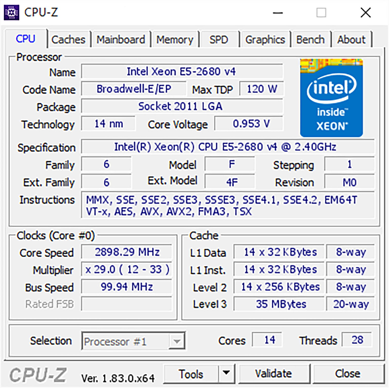 CPU INTEL XEON E5 2680V4 (14C/28T 35M CACHE 2.4GHZ TURBO 3.3GHZ) SOCKET 2011. Bảo hành 12T