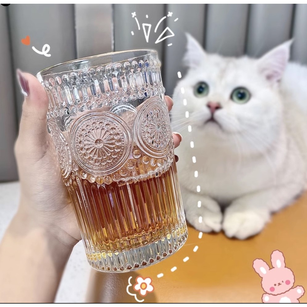 Bộ 6 ly thủy tinh hoa hướng dương 280ml 380ml, cao cấp chịu nhiệt vân nổi, không viền, cốc thủy tinh phong cách bắc âu
