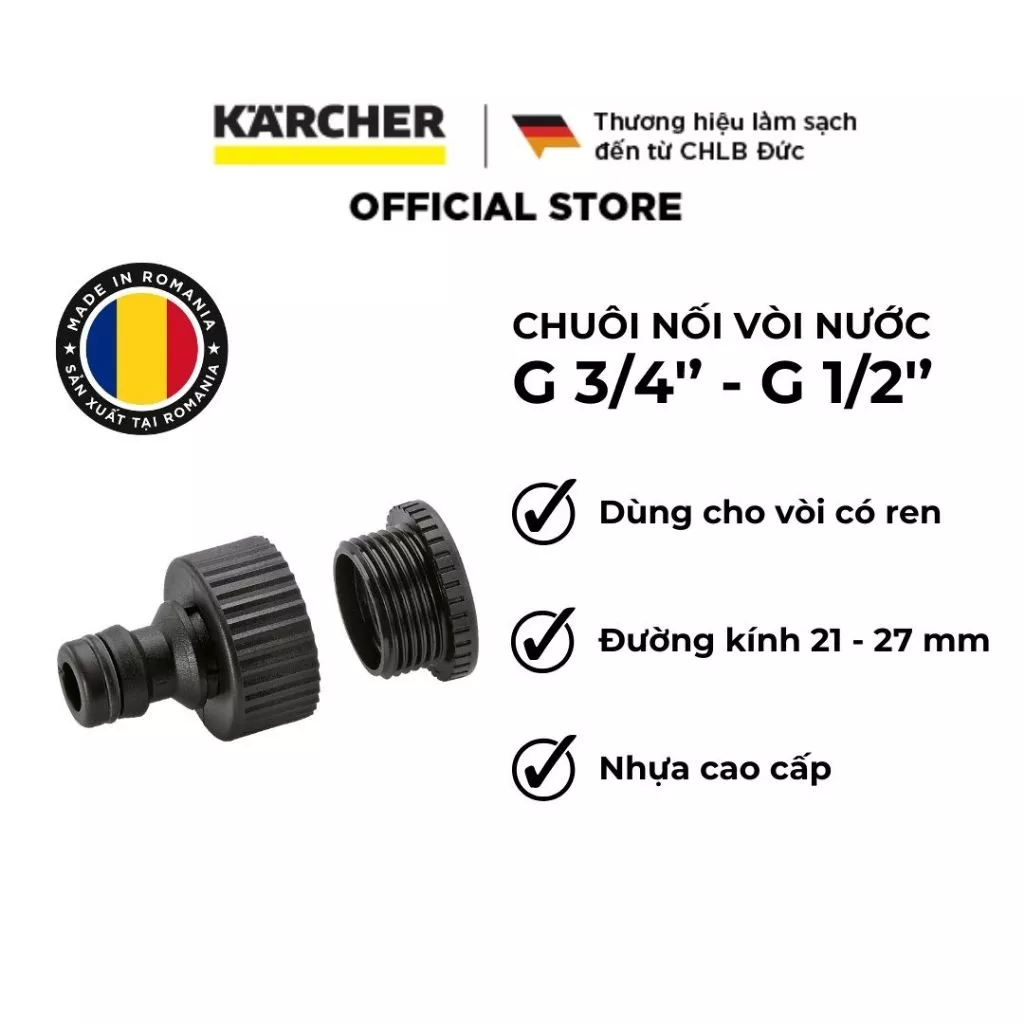 [Xuất xứ Romania] Đầu nối vòi nước G3/4  karcher với bộ giảm ren G1/2" phù hợp vòi nước có ren đường kính 21 - 27mm
