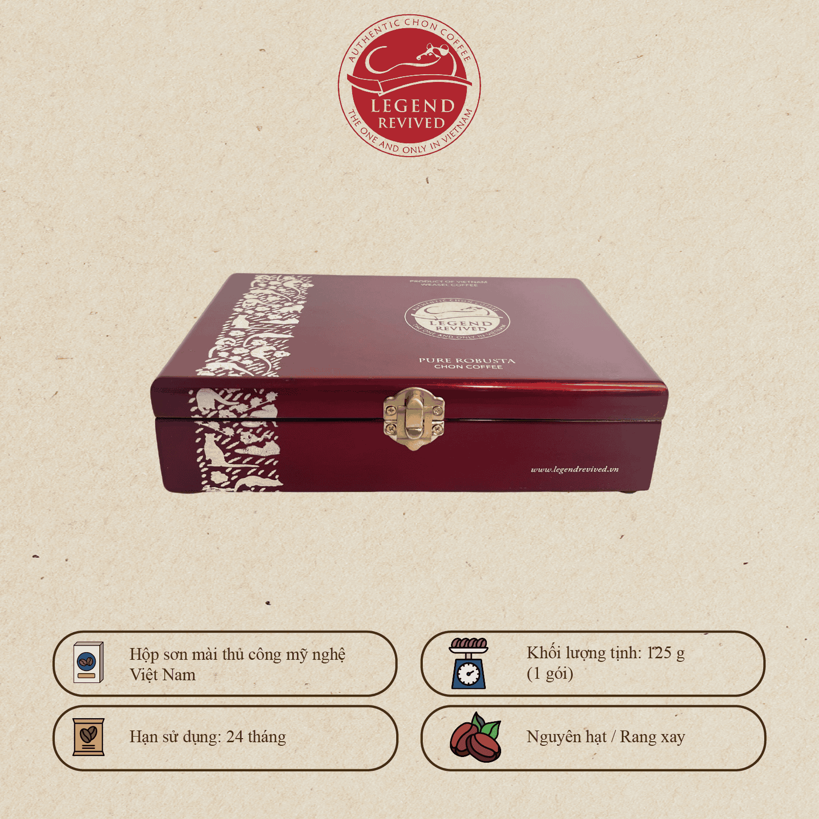 Legend Revived Premium Civet Coffee - 100% Authentic Civet Coffee Robusta - Naturally Fermented - Premium Lacquer Box 125g