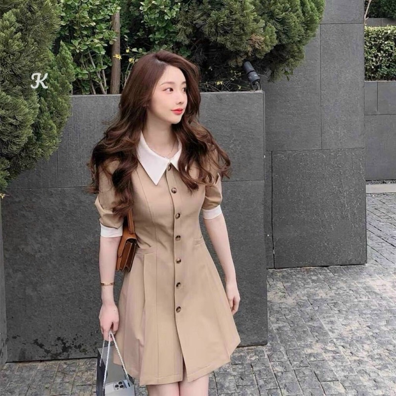 Đầm sơ mi xòe phối viền tay cổ đính kèm nút cực xinh cr2 / đầm nữ cổ sơ mi ôm eo dễ thương