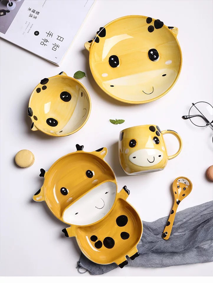 Trọn Bộ Ăn Dặm Cho Bé Hình Thú Đáng Yêu (Gồm 5 Chi Tiết: Khay, Đĩa, Bát, Cốc, Thìa)