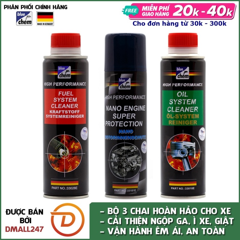 Bộ 3 phụ gia thay định kì bao gồm nhớt 33018E, xăng 33028E, nano 33181E cao cấp Bluechem - Dmall247, chăm sóc xe chuyên dụng, phụ kiện cao cấp
