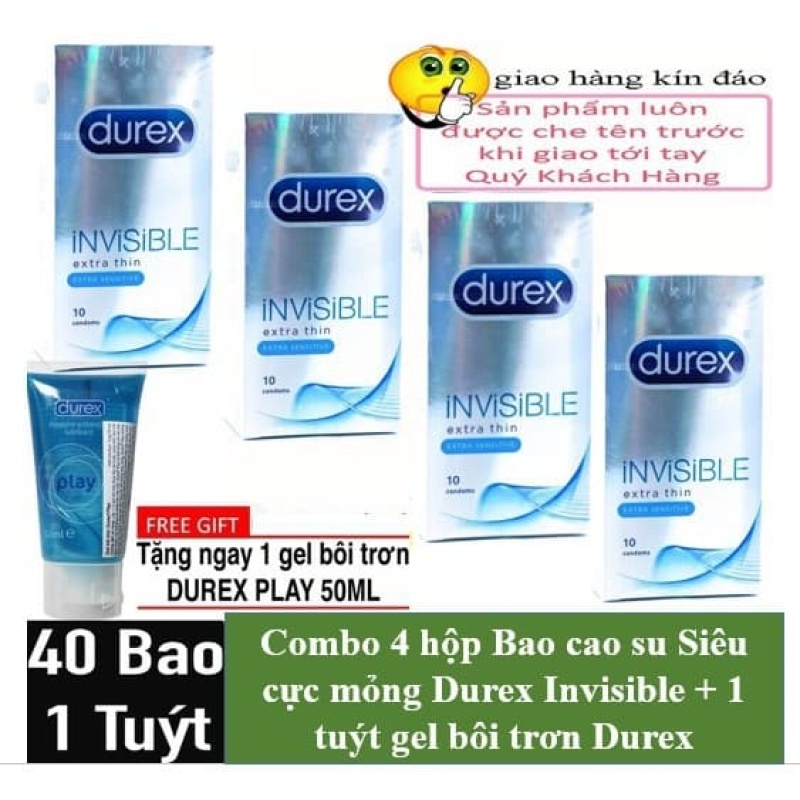 COMBO 4 HỘP DUREX INVISIBLE EXTRA THIN CỘNG THÊM GEL PLAY 50 ML