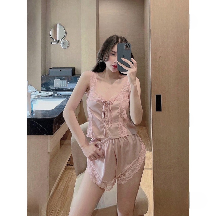HOT - Set ngủ lụa satin phối ren quyến rũ M25
