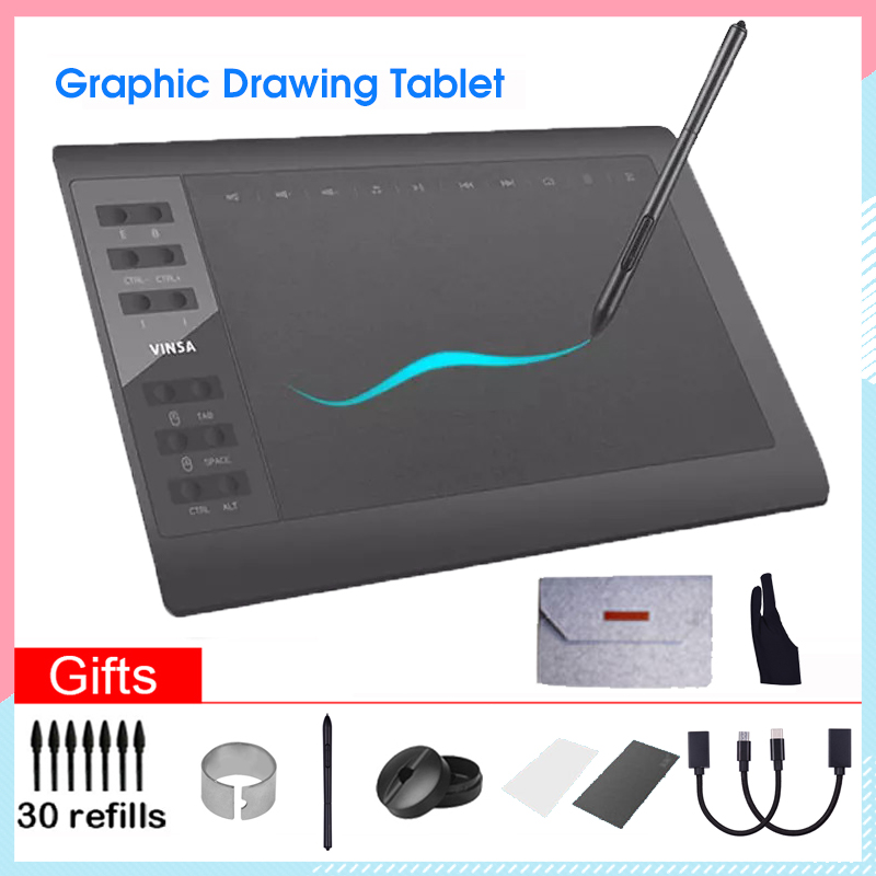 10x6 Inch Professional Graphics Drawing Tablet 12 Express Keys with 8192 Levels Bat-tery-Free Stylus/Pen Holder/30pcs Nibs/Pen Clip/2pcs OTG Cable/Copy Film/Hand Feeling Film/Protective Bag/Glove Support PC/Laptop
