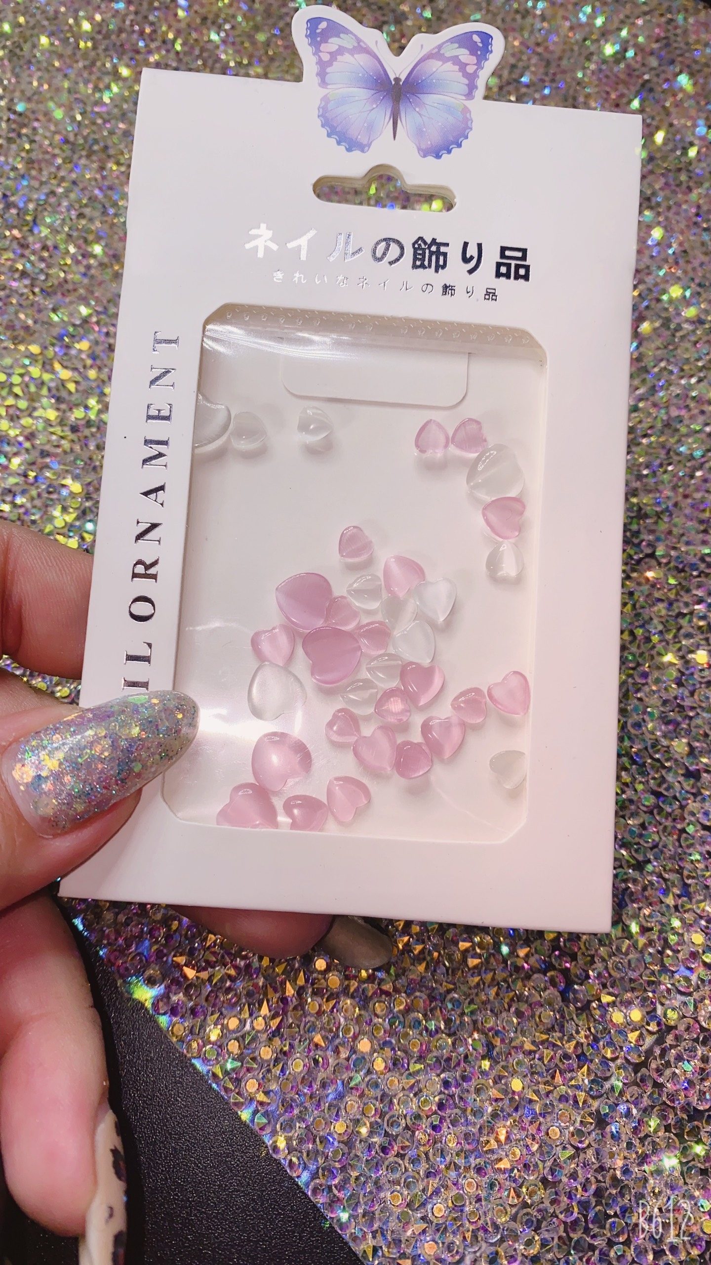 Set Tim thuỷ tinh hồng trang trí móng, trang trí nail