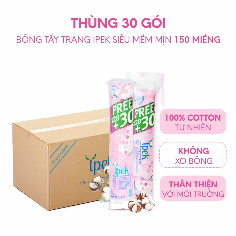 [Tặng bông care4u 233 miếng] THÙNG BÔNG TẨY TRANG IPEK 150 MIẾNG (30 GÓI/ THÙNG)
