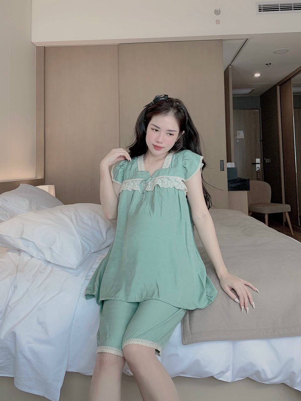Bộ bầu Lửng dễ thương chất lụa chéo thái siêu mềm mát cho bà bầu mặc nhà mùa hè