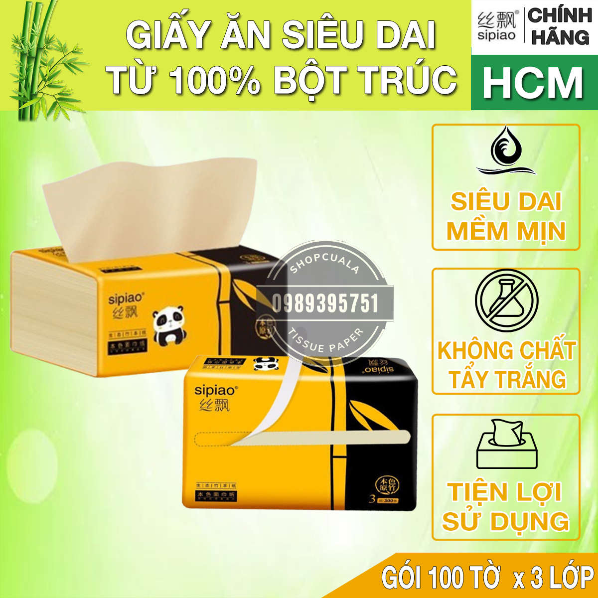 Gói 100 tờ giấy ăn gấu trúc sipiao 1028 - giấy 3 lớp