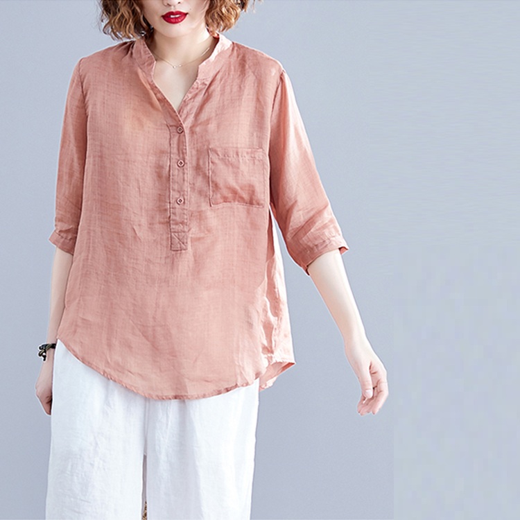 Áo sơ mi nữ cổ trụ tay lỡ trẻ trung, chất liện đũi lụa mềm mát, thời trang phong cách trẻ